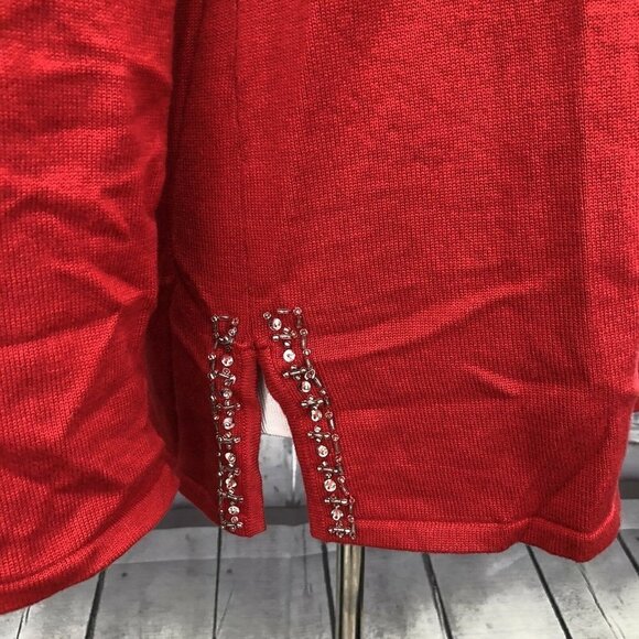 Quacker Factory Small Red Pearls Sweater Sequin Zip Embellished Long Sleeve - Picture 6 of 9